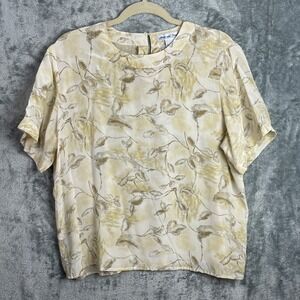 Vintage ANNA AND FRANK 100% Silk Top Womens Large Yellow Neutral Floral Blouse